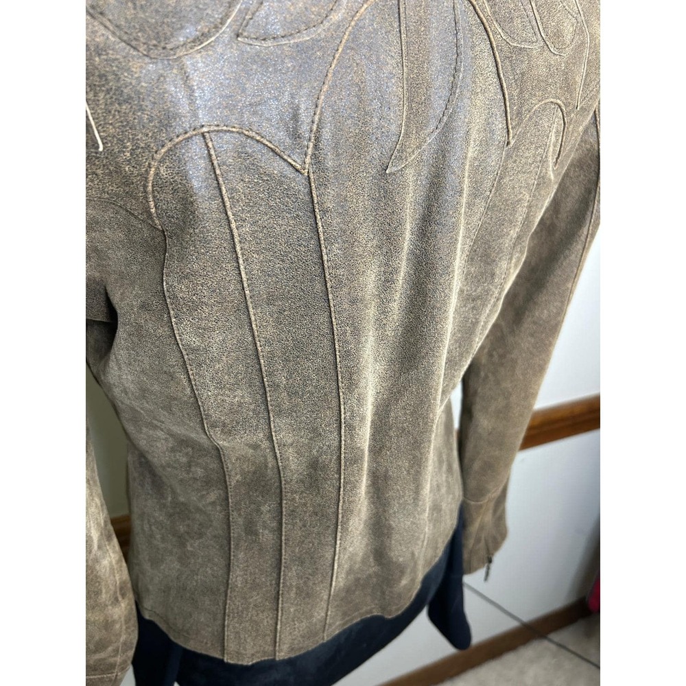 Vintage Leather Jacket Womens M Brown Distressed Flame Embroidery Western Good - Picture 11 of 17